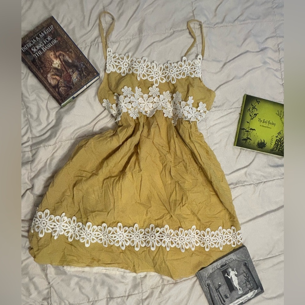 ❤️Yellow and White Crochet Mini Babydoll Dress, Hand-Dyed Cotton, Handmade